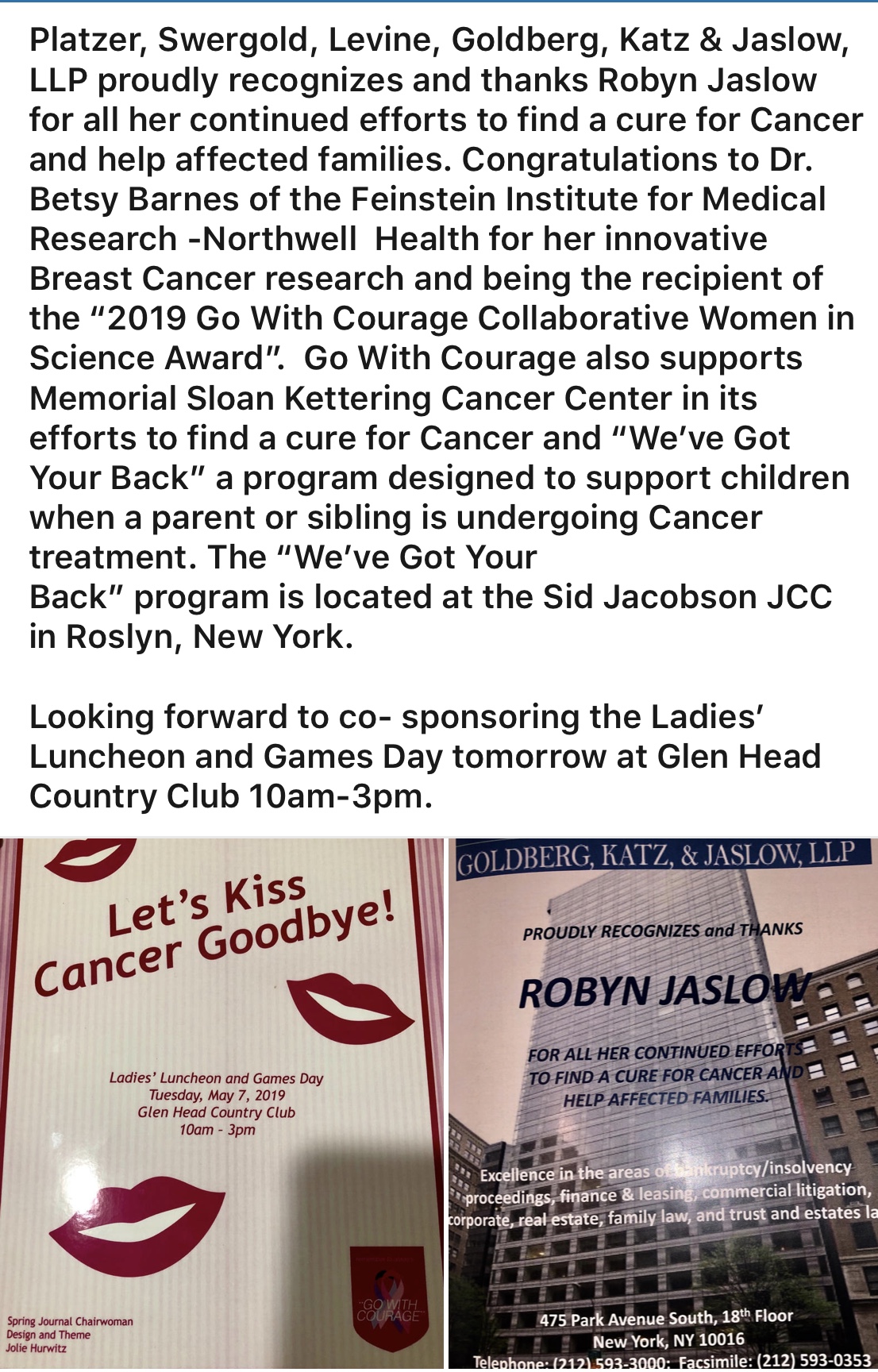 Robyn Jaslow recognized for continued efforts to find a cure for Cancer and help afflicted families